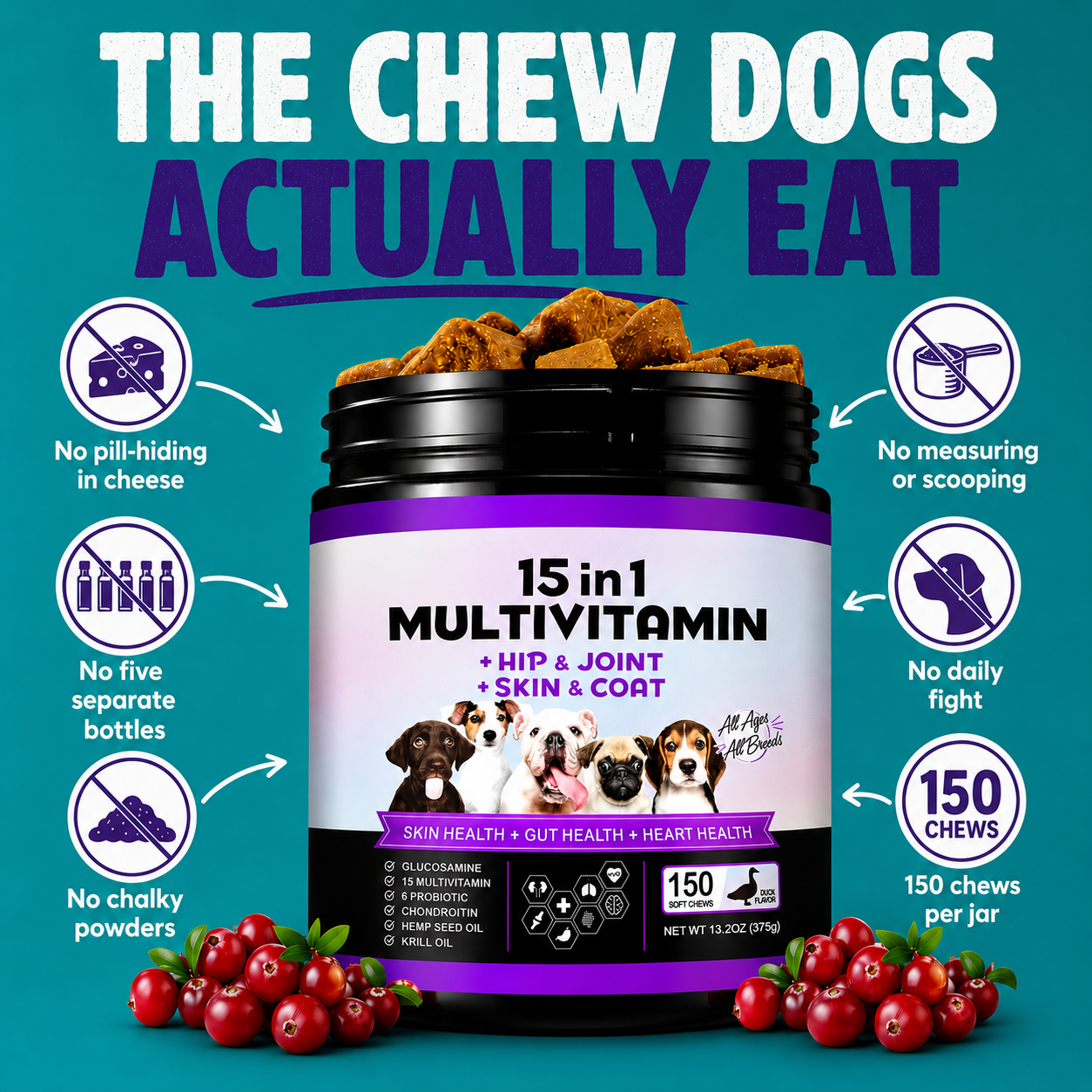 15-in-1 Dog Multivitamin Soft Chews — Skin, Coat, Hip & Joint Support