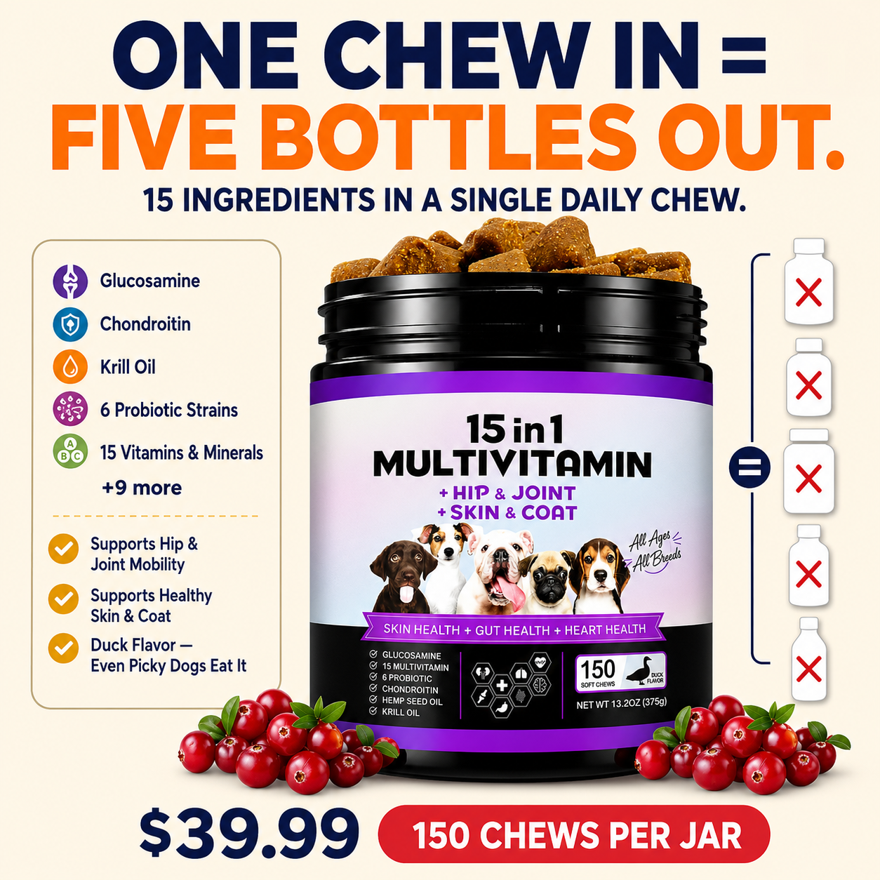 15-in-1 Dog Multivitamin Soft Chews — Skin, Coat, Hip & Joint Support